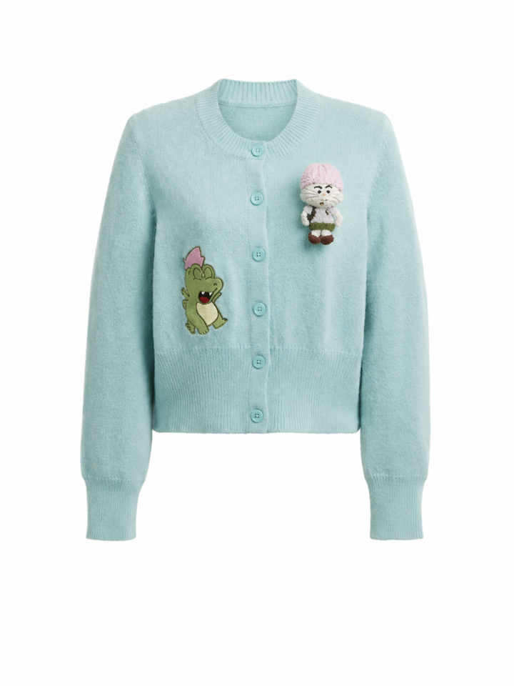 Light Blue Appliqué-Detail Button-Up Knit Cardigan