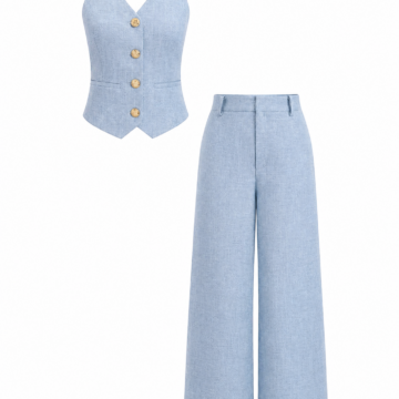 Light Blue Tailored Halter Vest and Wide-Leg Trousers Set