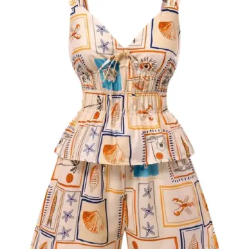 Cream Maritime Print Two-Piece Set with V-Neck Top and Wide-Leg Shorts