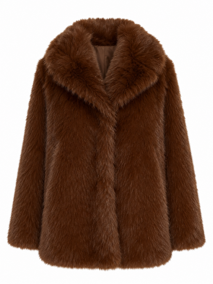 Brown Faux Fur Shawl Collar Mid-Length Coat