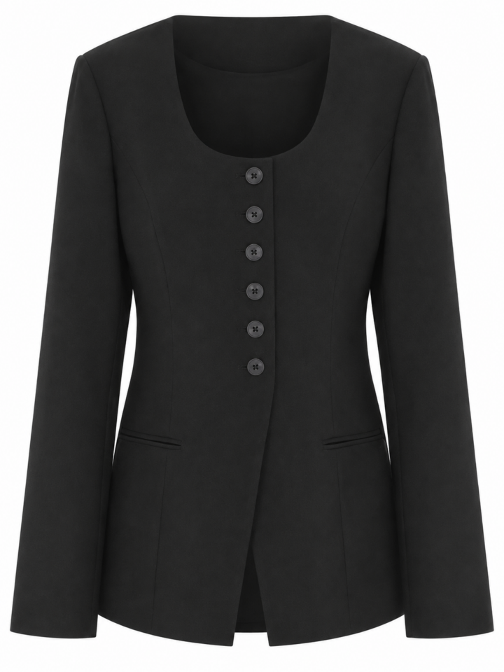 Black Scoop Neck Tailored Blazer with Five-Button Front