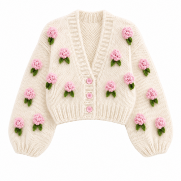 Cream Cropped Balloon-Sleeve Floral Appliqué Cardigan