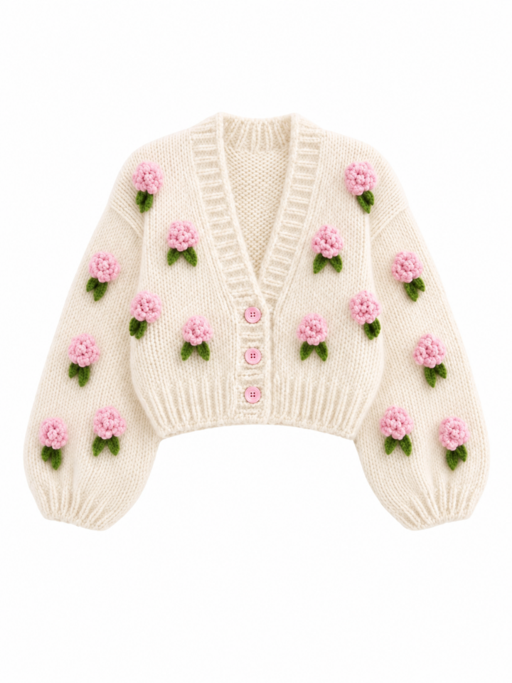 Cream Cropped Balloon-Sleeve Floral Appliqué Cardigan