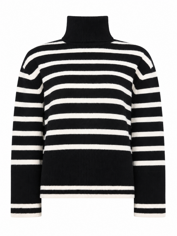 Black and Off-White Striped Turtleneck Knit Sweater