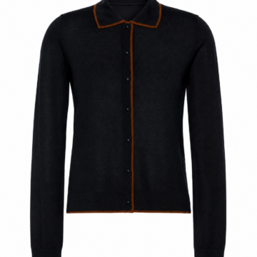 Black Long Sleeve Knit Cardigan with Rust-Orange Trim