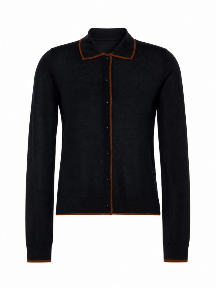 Black Long Sleeve Knit Cardigan with Rust-Orange Trim
