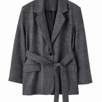 Dark Grey Heathered Belted Blazer with Notch Lapel