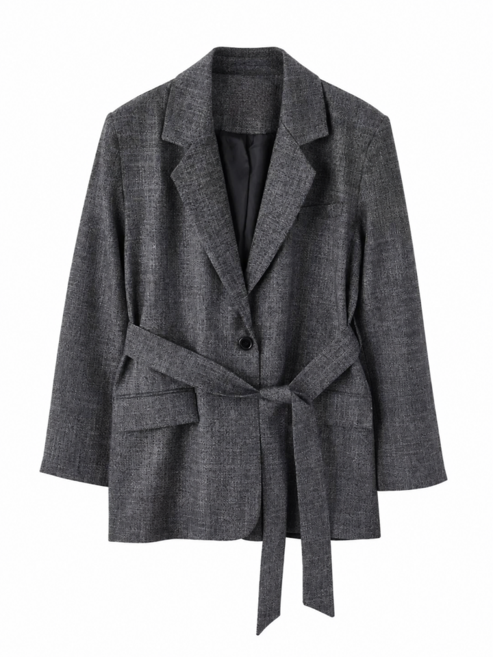 Dark Grey Heathered Belted Blazer with Notch Lapel