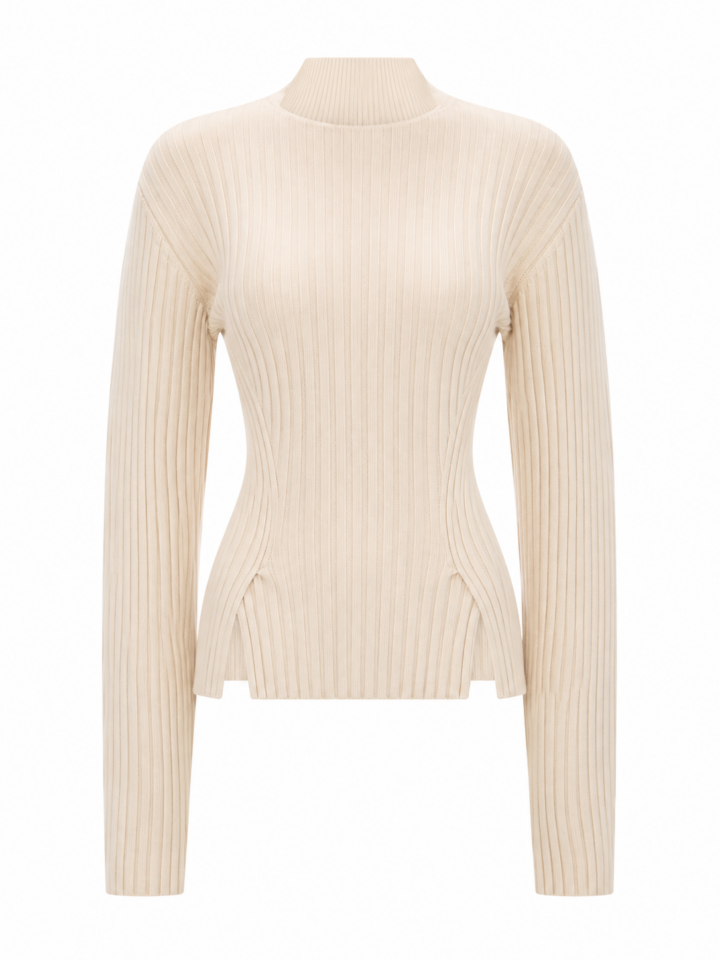 Cream Ribbed Mock Neck Knit Sweater