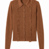 Brown Pointelle Ruffle-Trim Collared Knit Cardigan