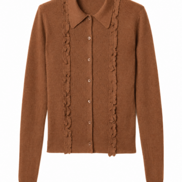 Brown Pointelle Ruffle-Trim Collared Knit Cardigan