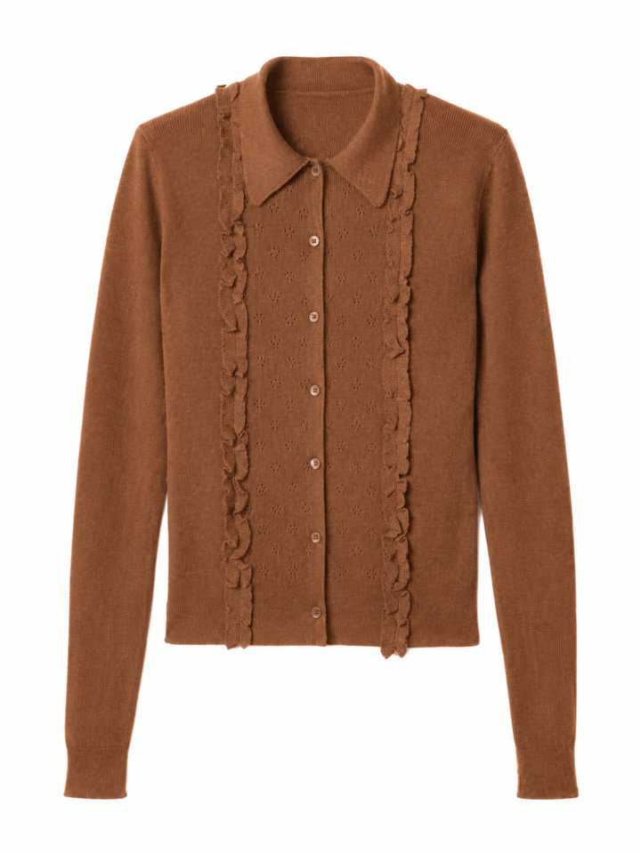 Brown Pointelle Ruffle-Trim Collared Knit Cardigan