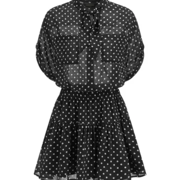 Black Polka Dot Tiered Mini Dress with Balloon Sleeves
