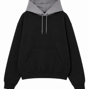 Black Pullover Hoodie with Grey Contrast Hood