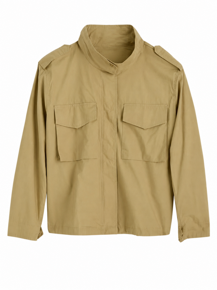 Tan Utility Field Jacket with Stand Collar and Flap Pockets