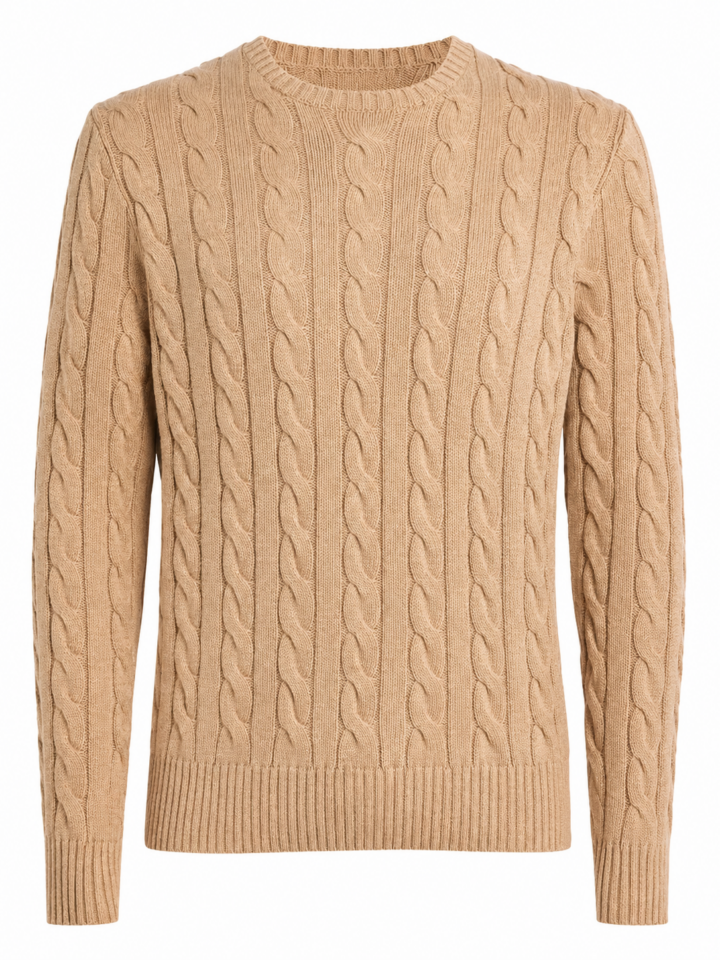 Beige Cable-Knit Crewneck Sweater