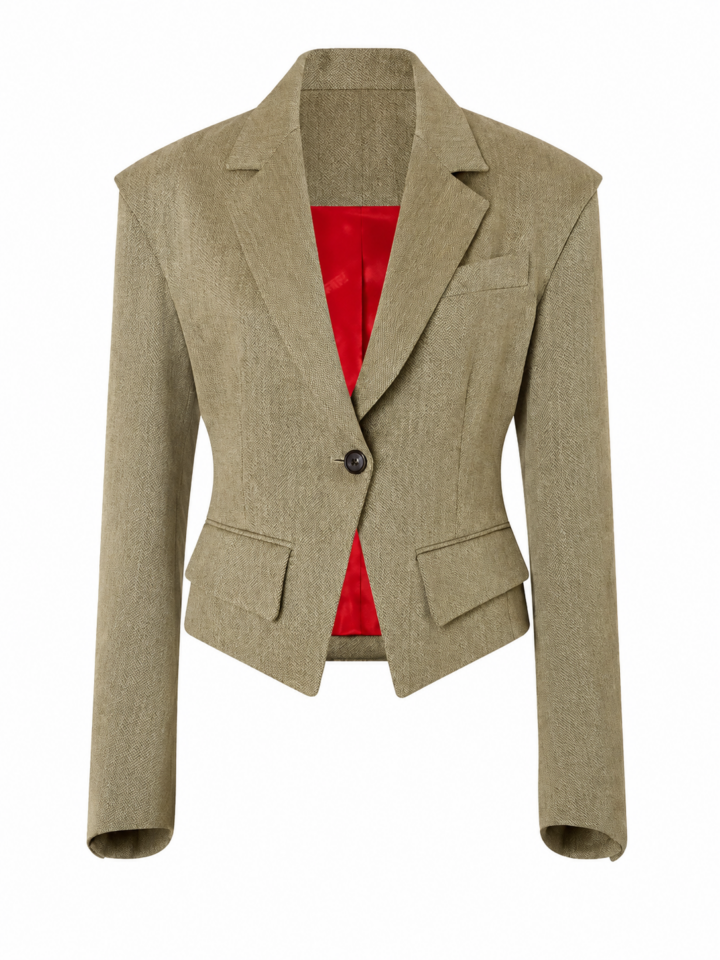 Olive Green Herringbone Tailored Blazer with Red Lining