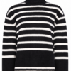 Black and White Striped Turtleneck Knit Sweater