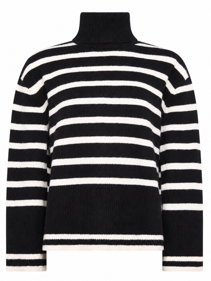 Black and White Striped Turtleneck Knit Sweater