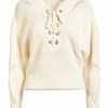 Cream Rib-Knit Lace-Up Sweater with Pointelle Detail