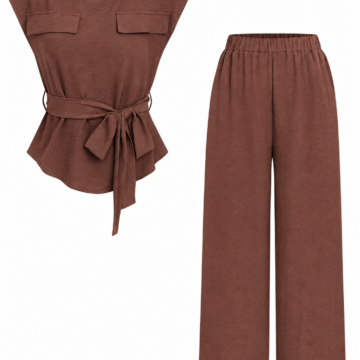 Brown Ribbed Cap Sleeve Top and Wide-Leg Pants Set