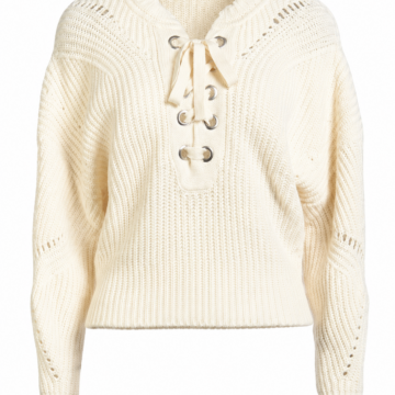 Cream Rib-Knit Lace-Up Sweater with Pointelle Detail
