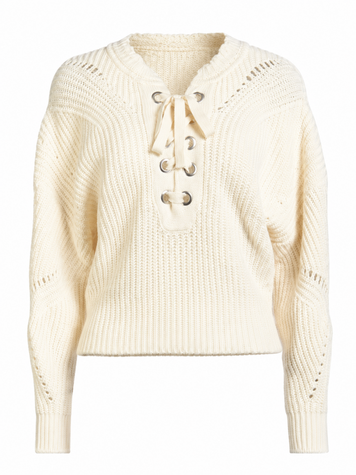 Cream Rib-Knit Lace-Up Sweater with Pointelle Detail