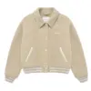 Beige Wool-Blend Varsity Jacket with Striped Trim