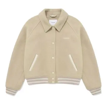 Beige Wool-Blend Varsity Jacket with Striped Trim