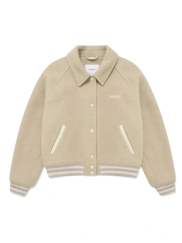 Beige Wool-Blend Varsity Jacket with Striped Trim