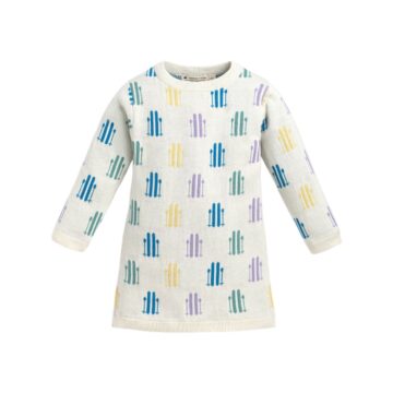 Cream Knit Sweater Dress with Pastel Fence Pattern