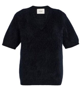 Dark Navy Fuzzy Knit V-Neck Sweater