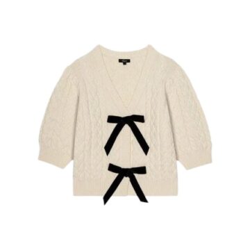 Cream Cable-Knit V-Neck Cardigan with Bow Details