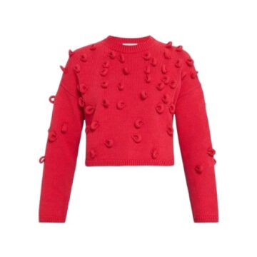 Red Cropped Knit Sweater with 3D Loop Yarn Detail