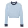 Light Blue Cropped Pullover Sweater with Navy Striped Trim