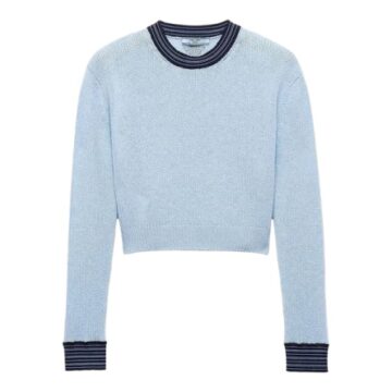 Light Blue Cropped Pullover Sweater with Navy Striped Trim