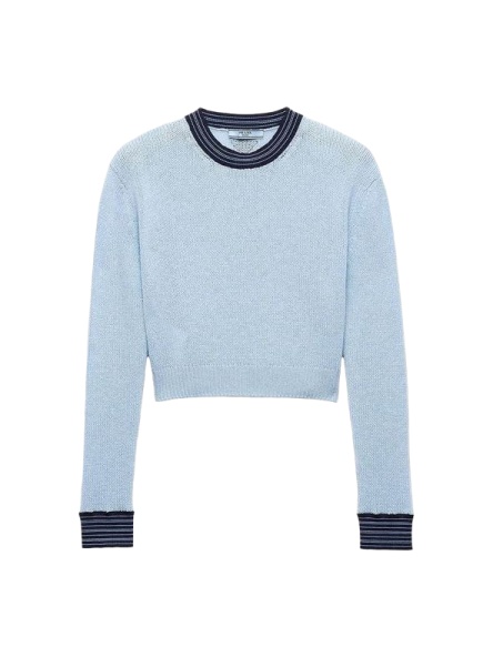 Light Blue Cropped Pullover Sweater with Navy Striped Trim